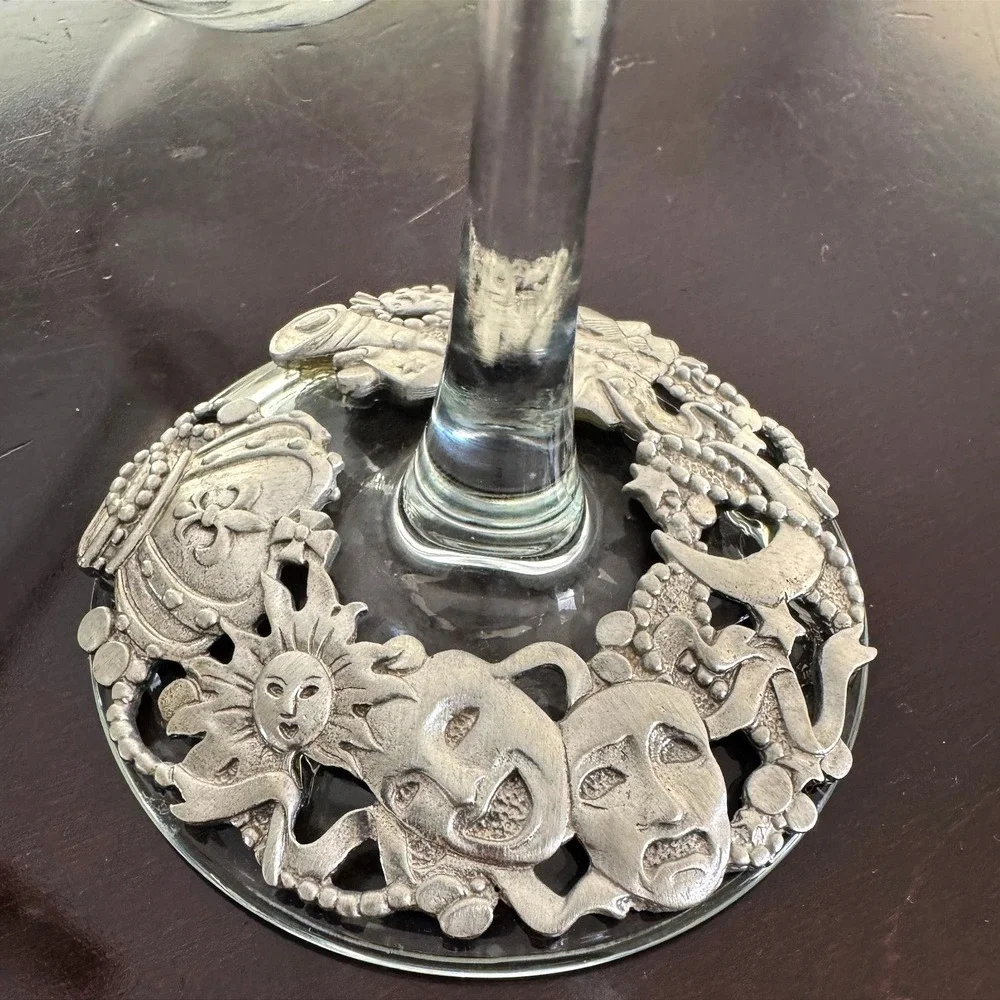 1990's Lindsay Claire Set of 2 Silver Pewter Base Wine Glasses Theater